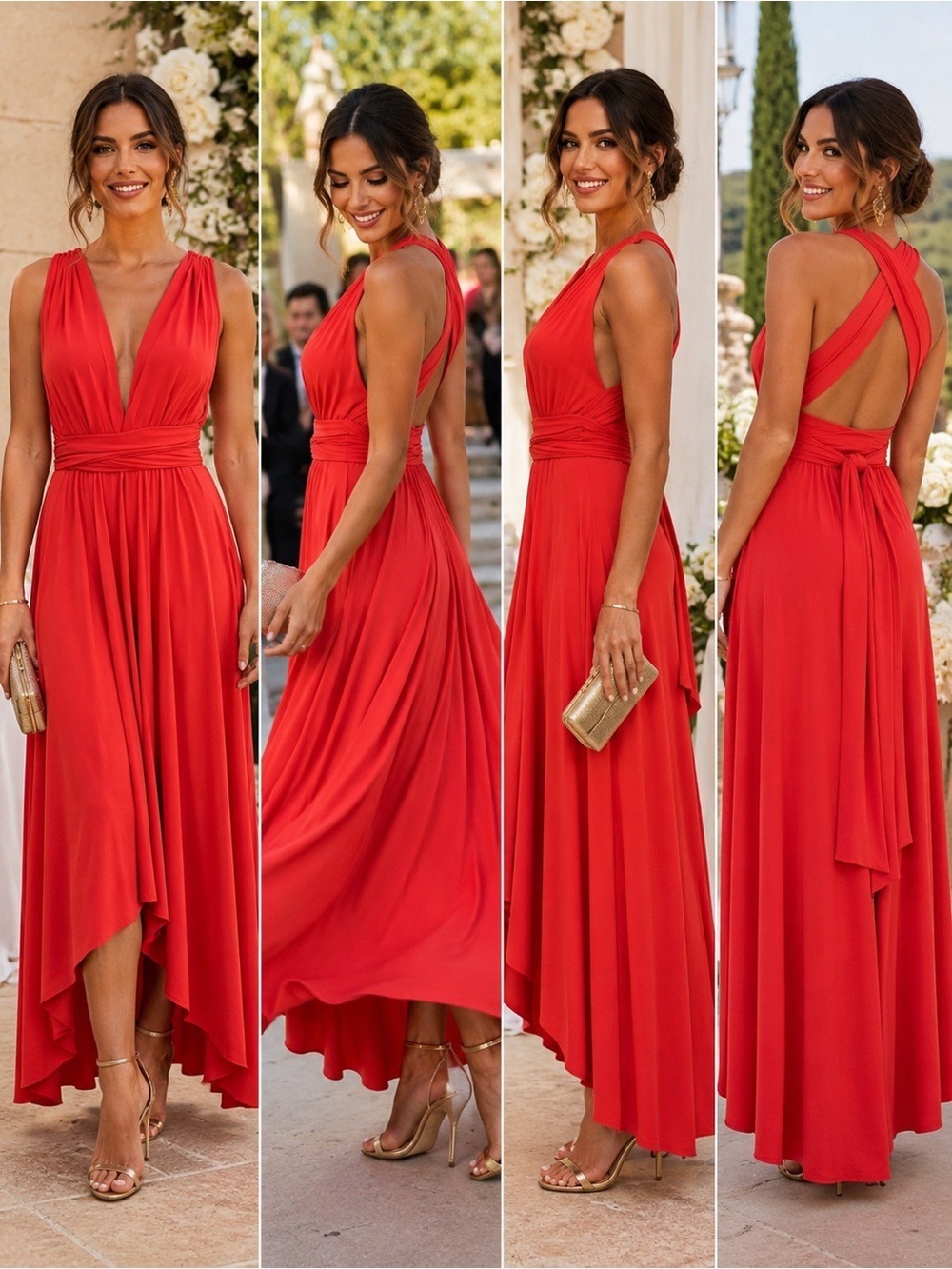 Moda International Coral Red Infinity Convertible High-Low Maxi Dress Sz S